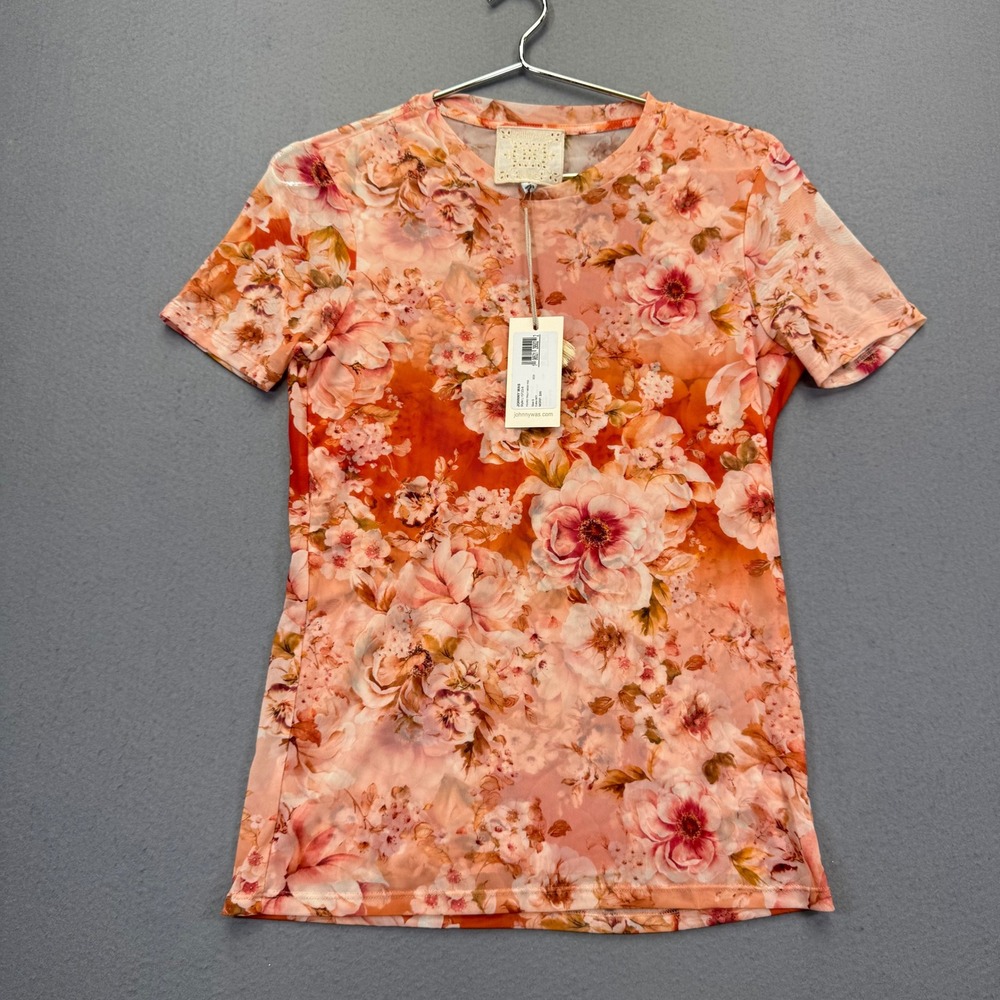 Johnny Was Yours Truly Mesh Tee Orange Floral Short Sleeve Top Small NWT